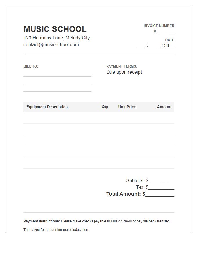 Music School Equipment Invoice Template