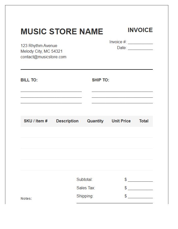 Music Store Inventory Invoice Template