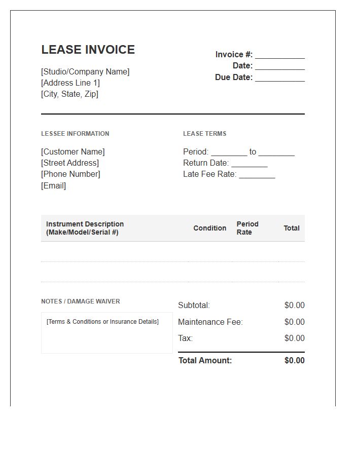 Orchestral Instrument Lease Invoice Template