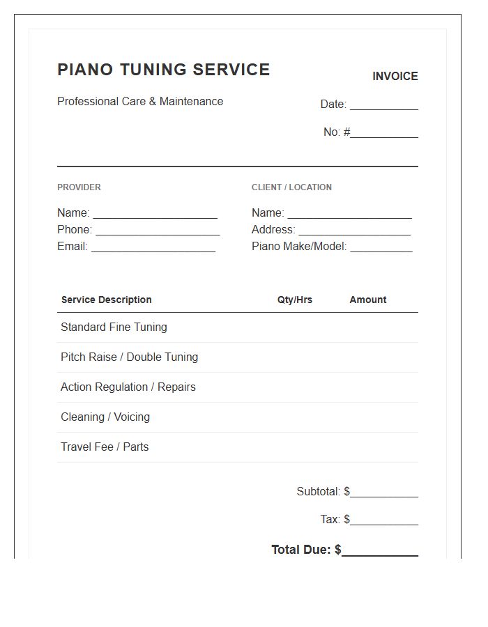 Piano Tuning Service Invoice Template