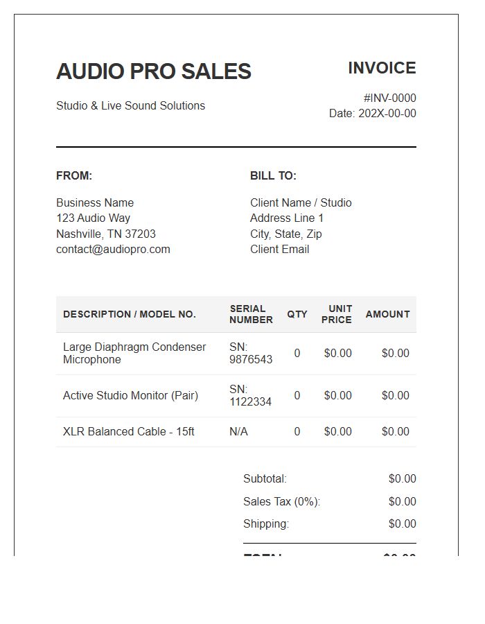 Professional Audio Gear Invoice Template