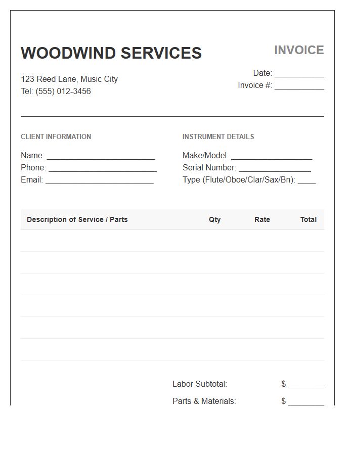 Woodwind Maintenance Invoice Template