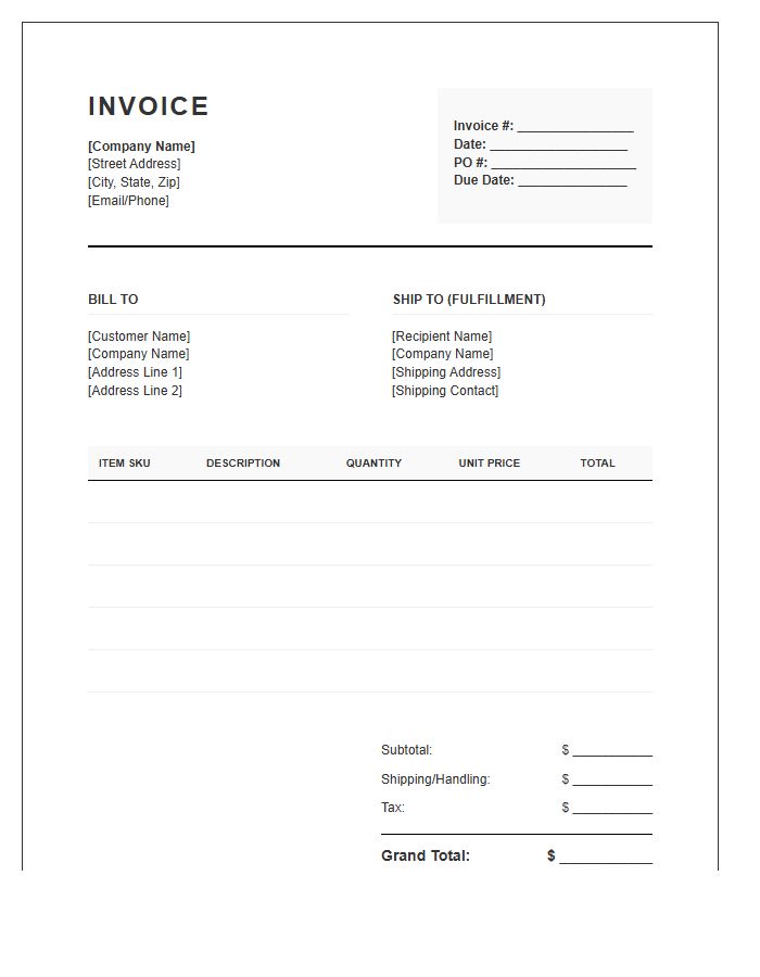 Commercial Stationery Order Fulfillment Invoice Template