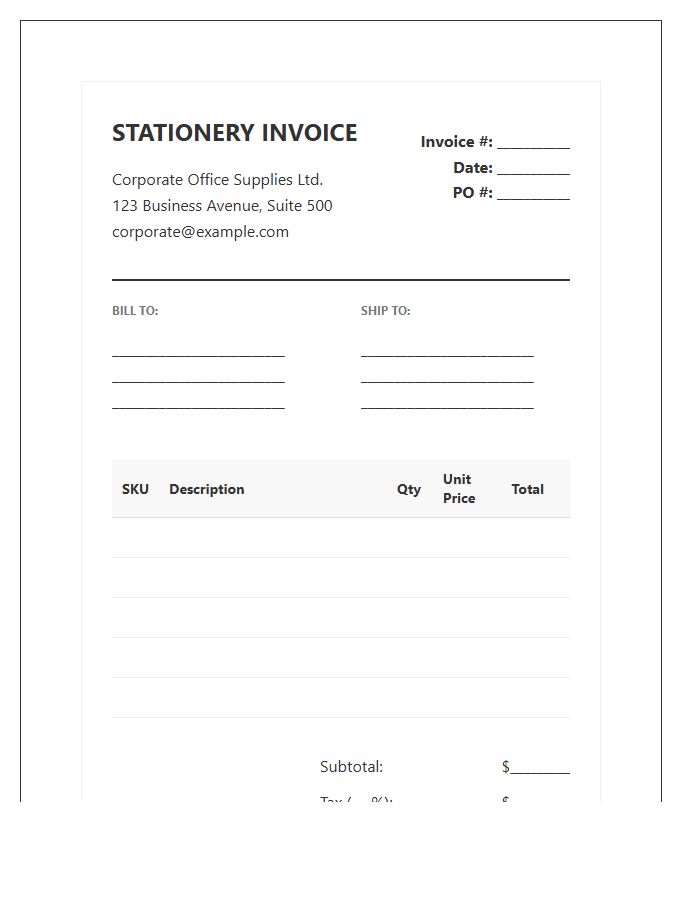 Corporate Office Stationery Order Invoice Template
