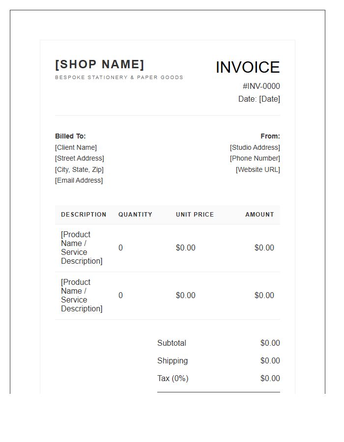 Designer Stationery Shop Professional Invoice Template