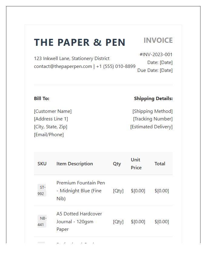 Detailed Stationery Shop Product Invoice Template