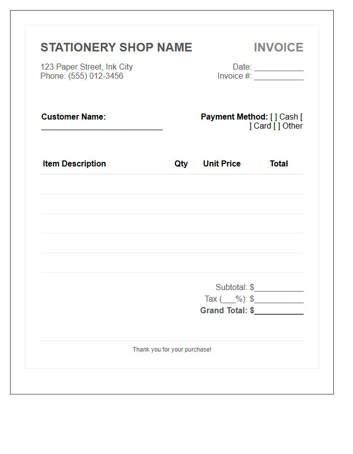 Local Stationery Shop Purchase Invoice Template