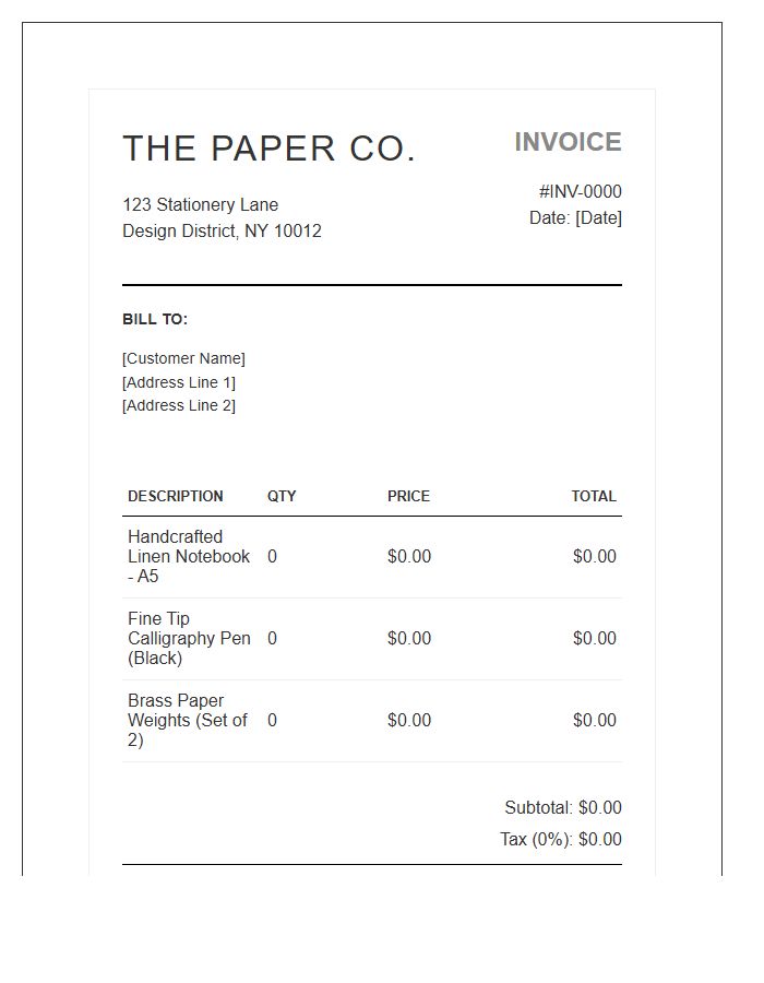 Minimalist Stationery Shop Billing Invoice Template