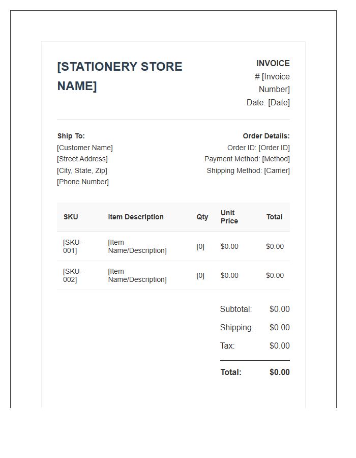 Online Stationery Store Shipment Invoice Template