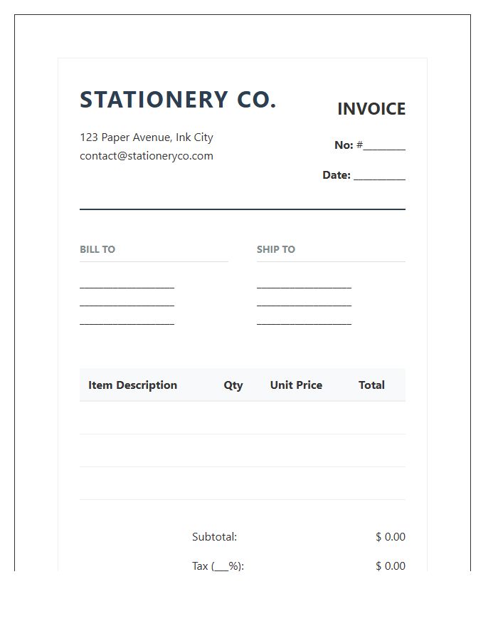 Professional Stationery Shop Order Invoice Template