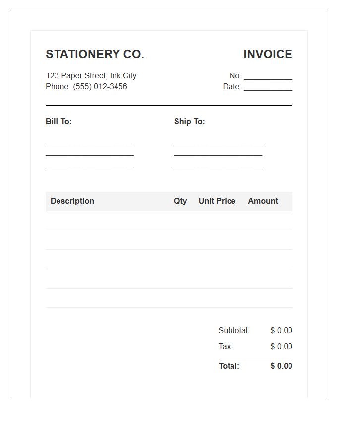 Retail Stationery Store Purchase Invoice Template