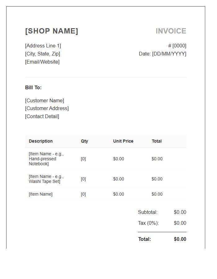 Small Business Stationery Shop Invoice Template
