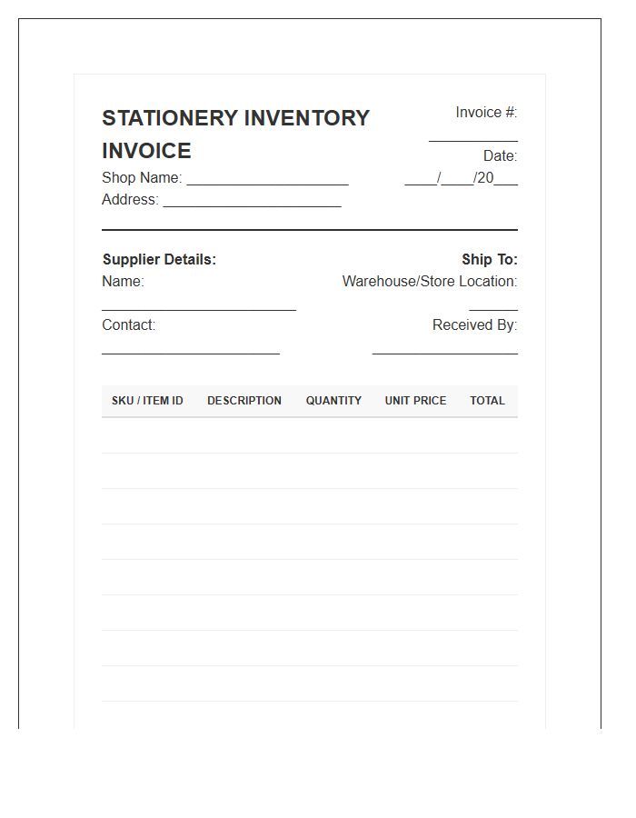 Standard Stationery Shop Inventory Invoice Template