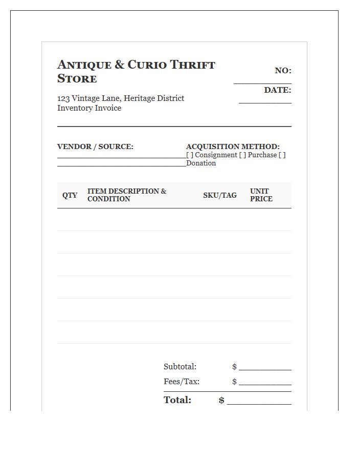 Antique Thrift Store Inventory Invoice Template
