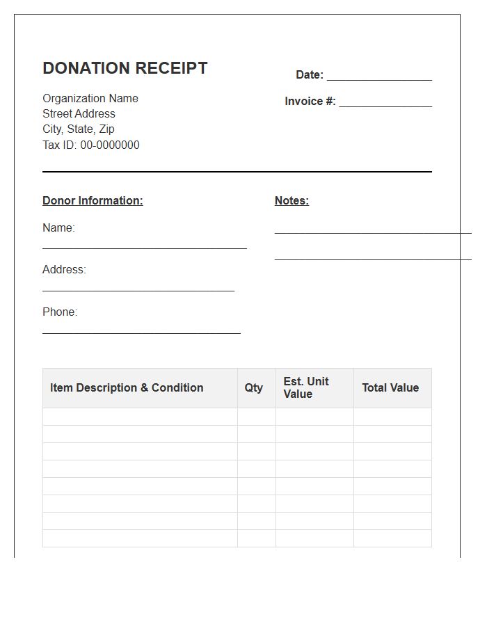 Charity Store Donated Inventory Invoice Template