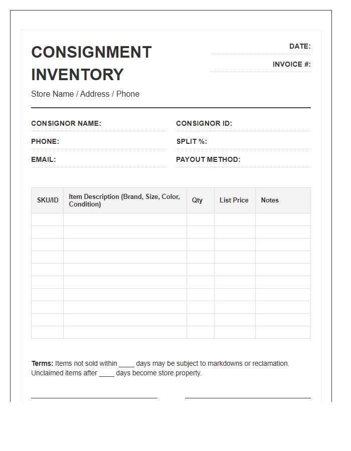 Consignment Thrift Store Inventory Invoice Template