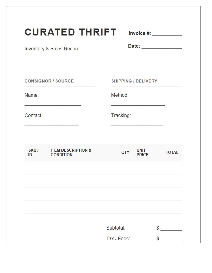 Curated Thrift Goods Inventory Invoice Template