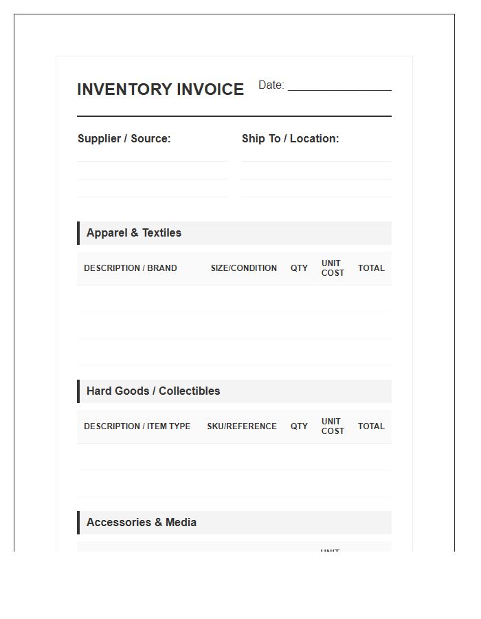 Multi Category Thrift Inventory Invoice Template