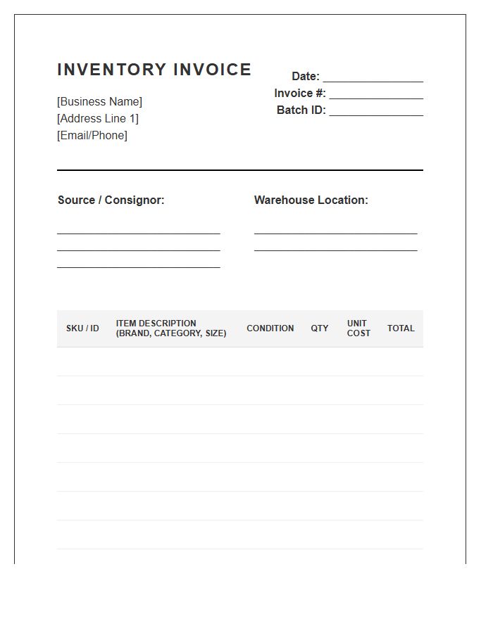 Professional Thrift Inventory Tracking Invoice Template
