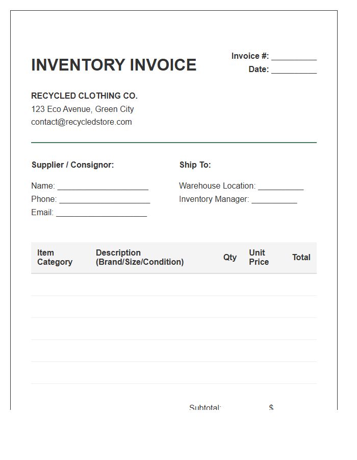 Recycled Clothing Store Inventory Invoice Template