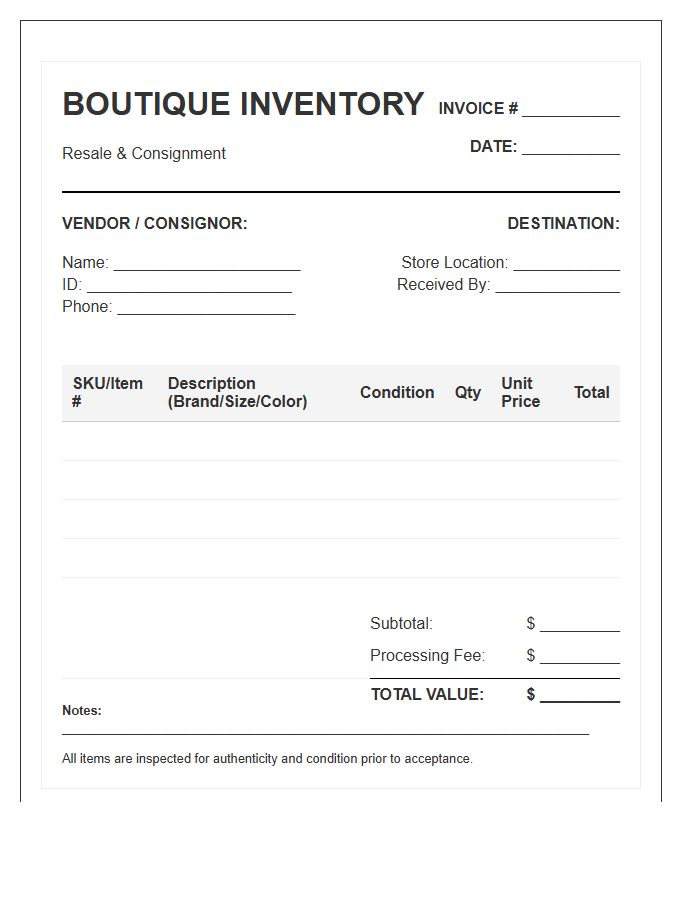 Resale Boutique Apparel Inventory Invoice Template