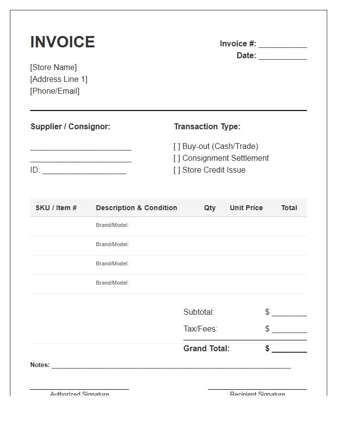 Secondhand Retail Inventory Management Invoice Template