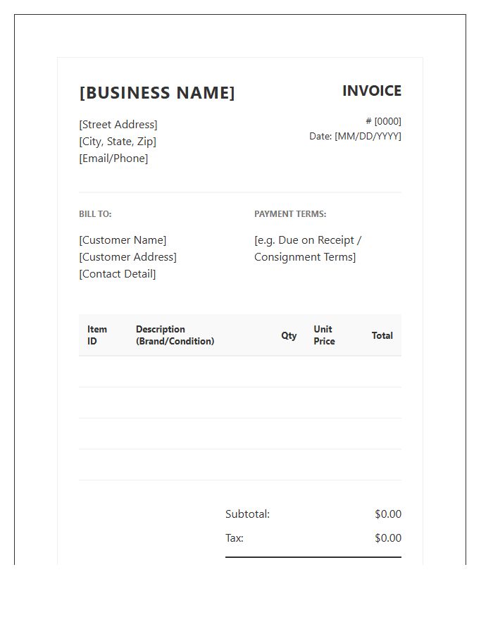 Small Business Thrift Inventory Invoice Template
