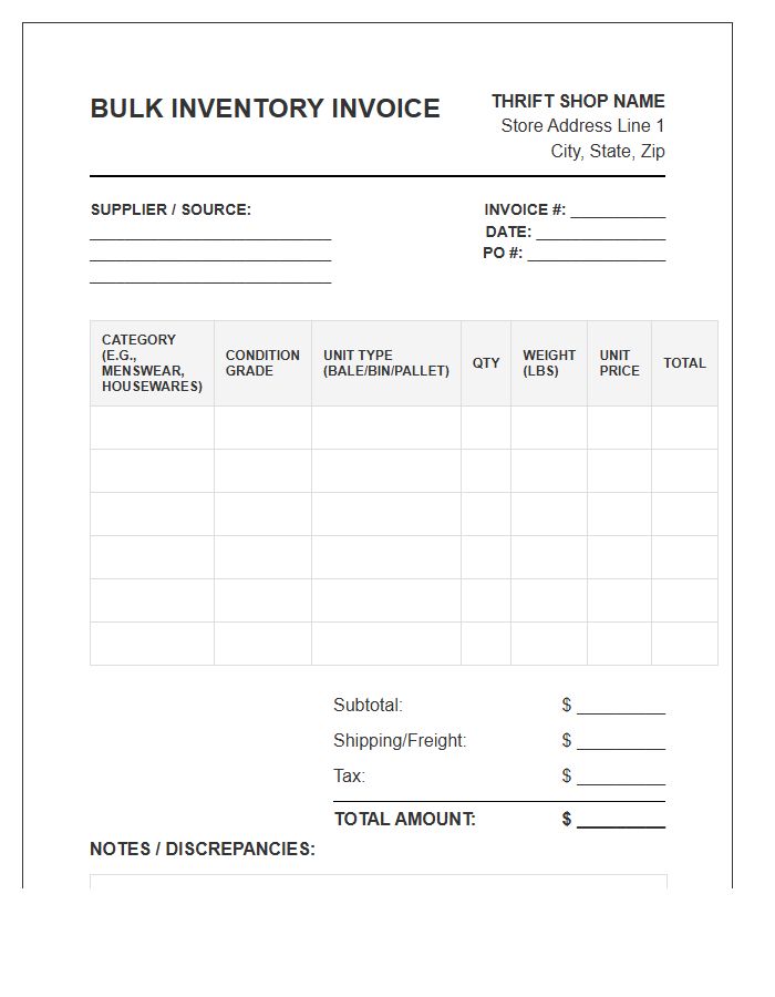 Thrift Shop Bulk Inventory Invoice Template