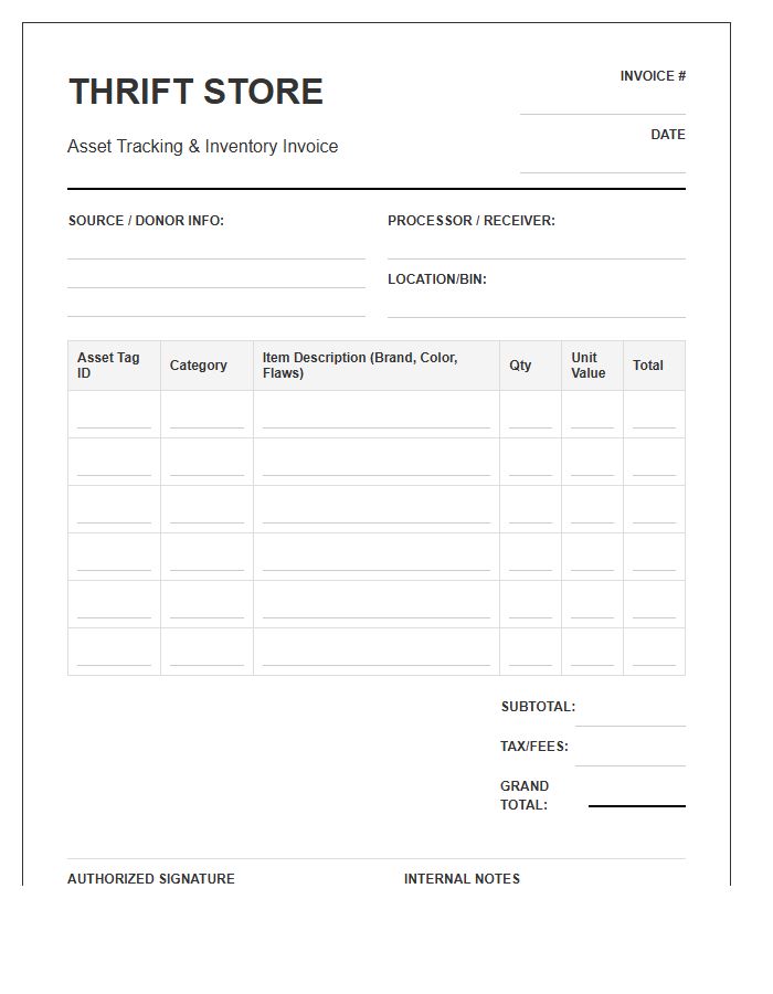 Thrift Store Asset Tracking Inventory Invoice Template