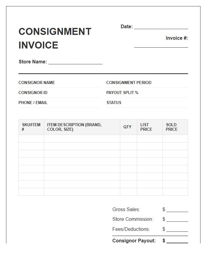 Thrift Store Consignor Tracking Inventory Invoice Template