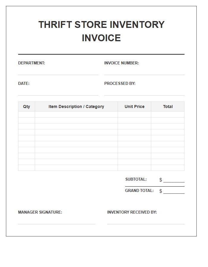 Thrift Store Departmental Inventory Invoice Template