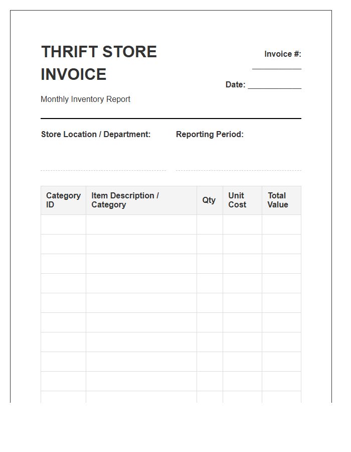 Thrift Store Monthly Inventory Invoice Template