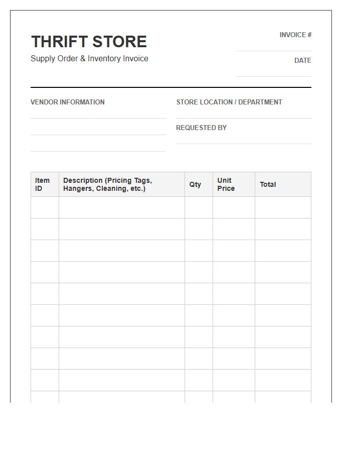 Thrift Store Supply Order Inventory Invoice Template