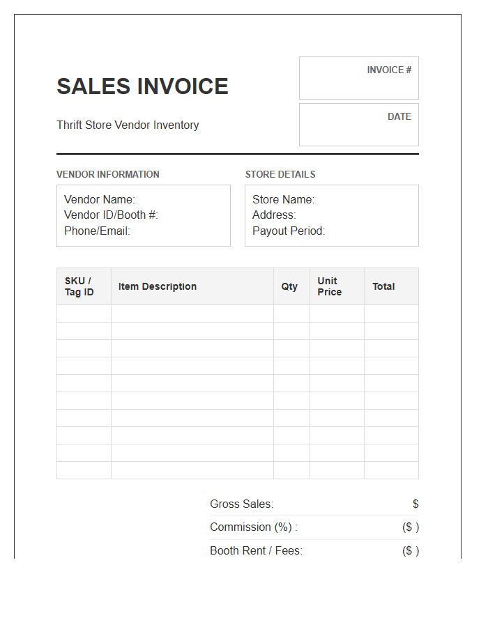 Thrift Store Vendor Sales Inventory Invoice Template