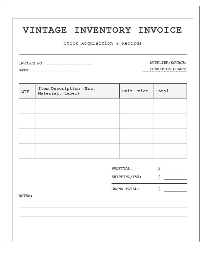 Vintage Shop Stock Inventory Invoice Template