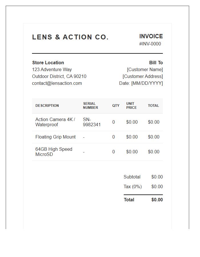 Action Camera Retail Store Invoice Template