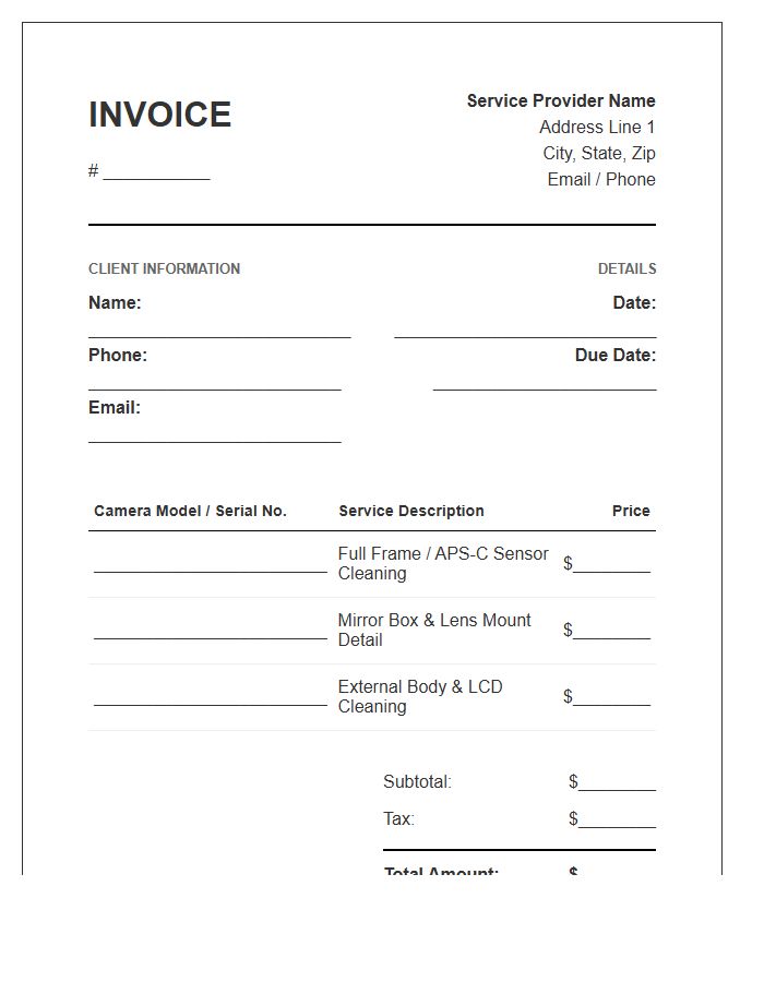 Camera Sensor Cleaning Service Invoice Template