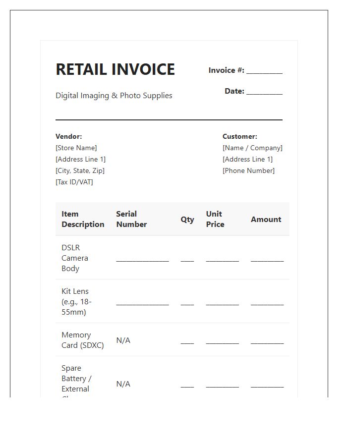 DSLR Camera Kit Retail Invoice Template