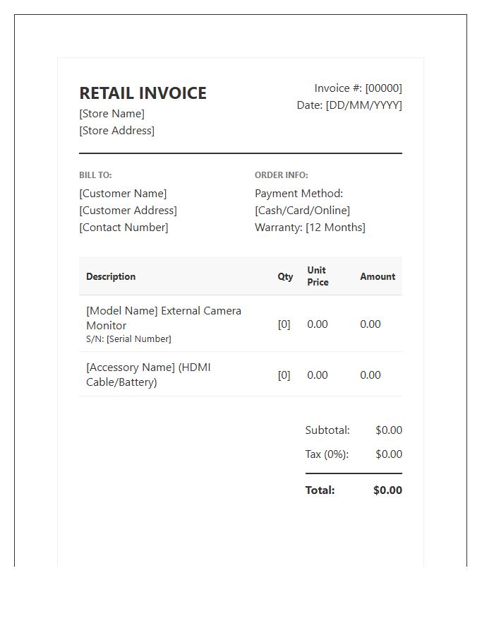 External Camera Monitor Retail Invoice Template