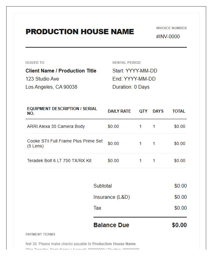 High End Cinematography Gear Invoice Template