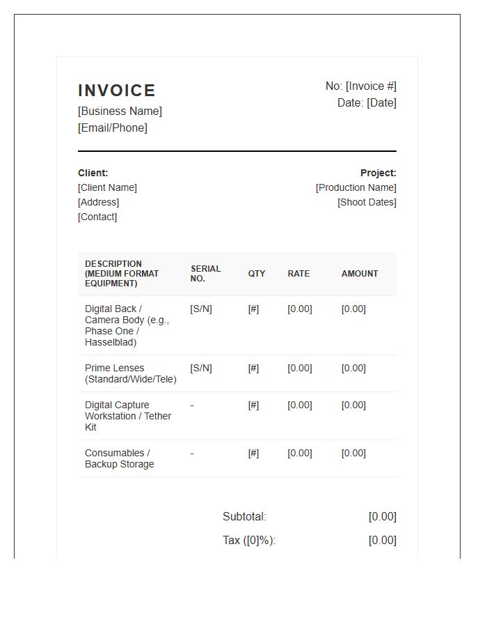 Medium Format Digital Camera Invoice Template