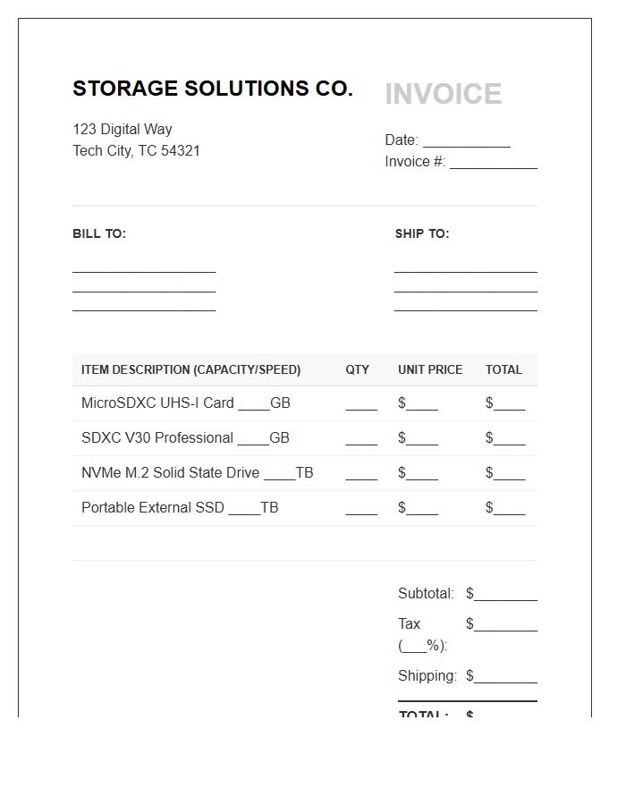 Memory Card And Storage Invoice Template