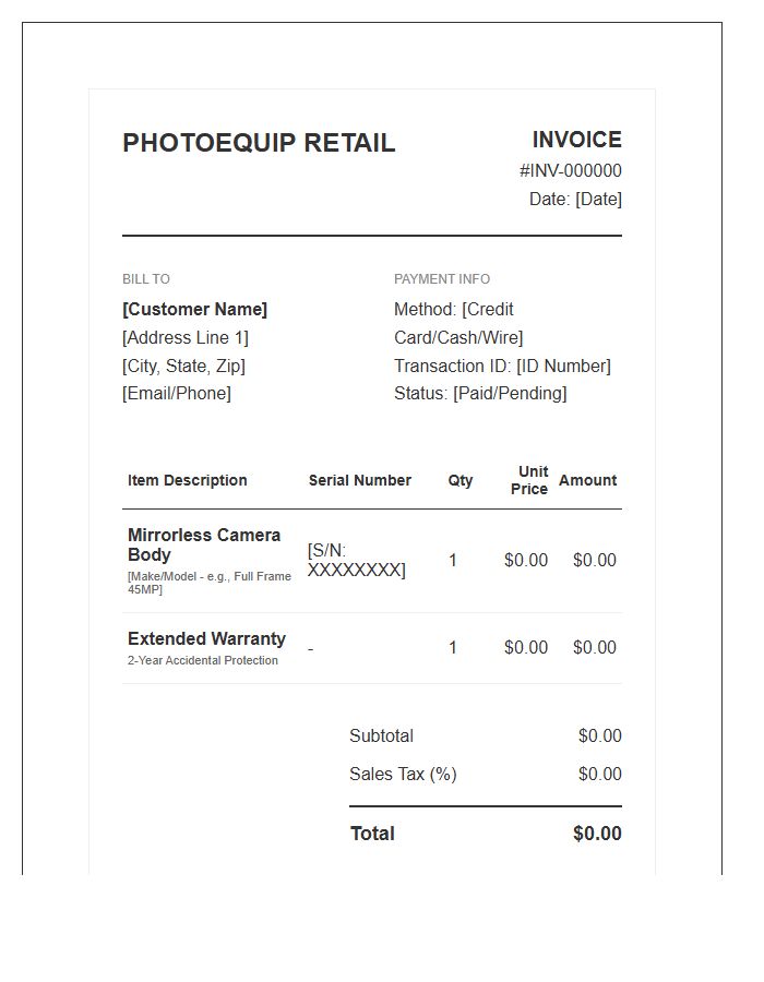 Mirrorless Camera Body Retail Invoice Template