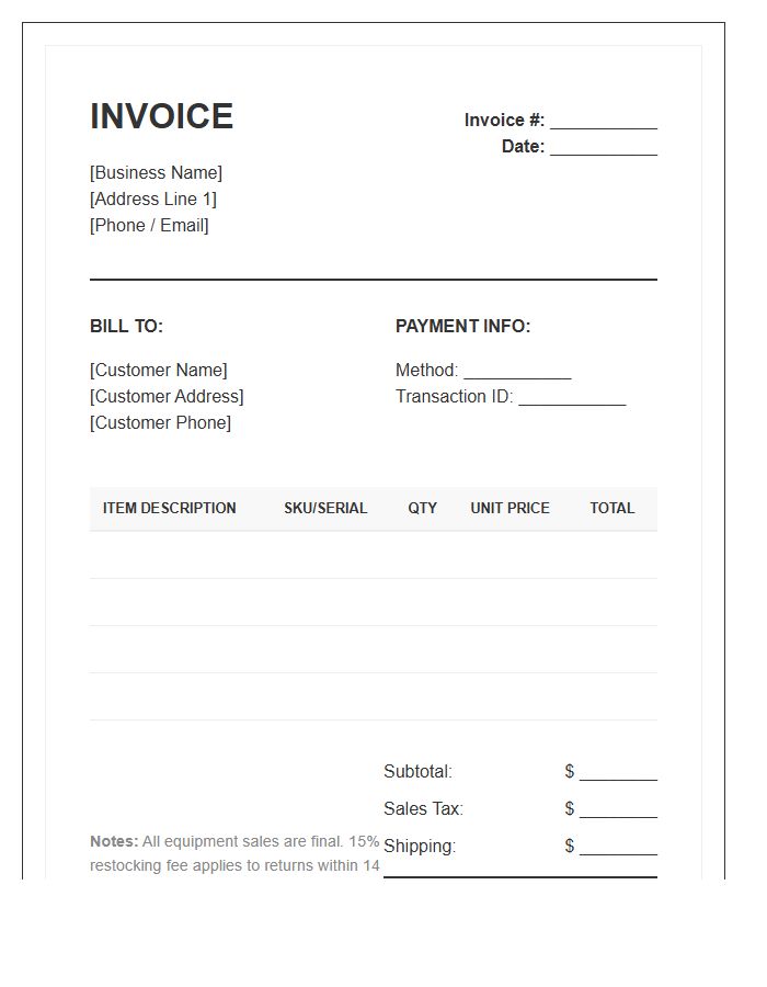Photography Accessory Retail Sales Invoice Template