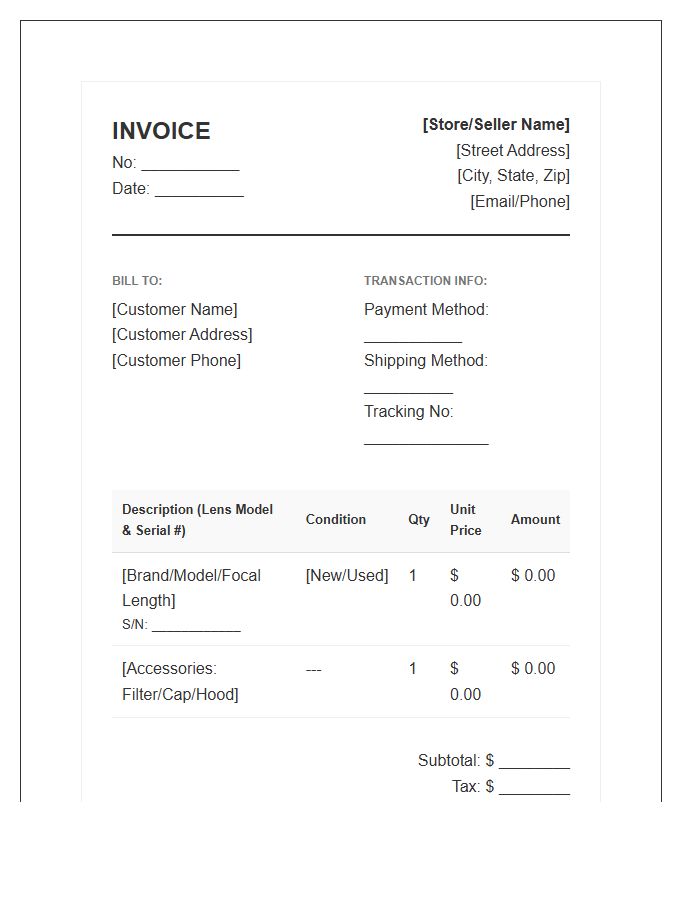 Photography Lens Sales Transaction Invoice Template
