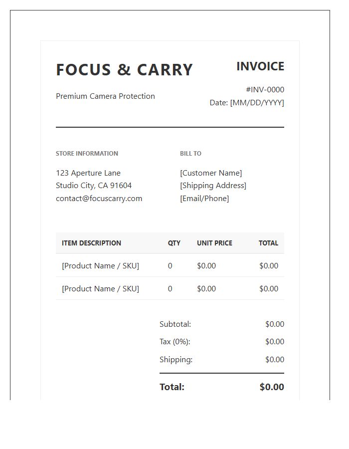 Professional Camera Bag Retail Invoice Template