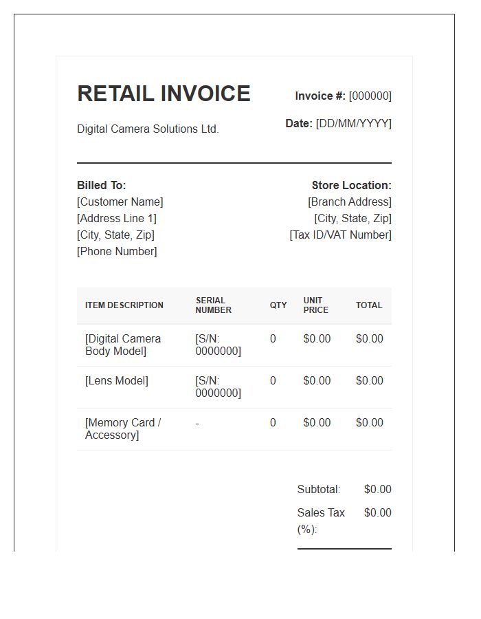 Professional Digital Camera Retail Invoice Template