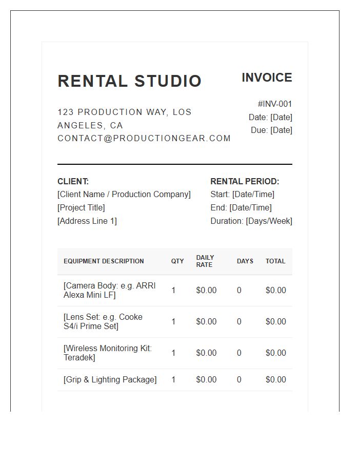Professional Video Production Gear Invoice Template