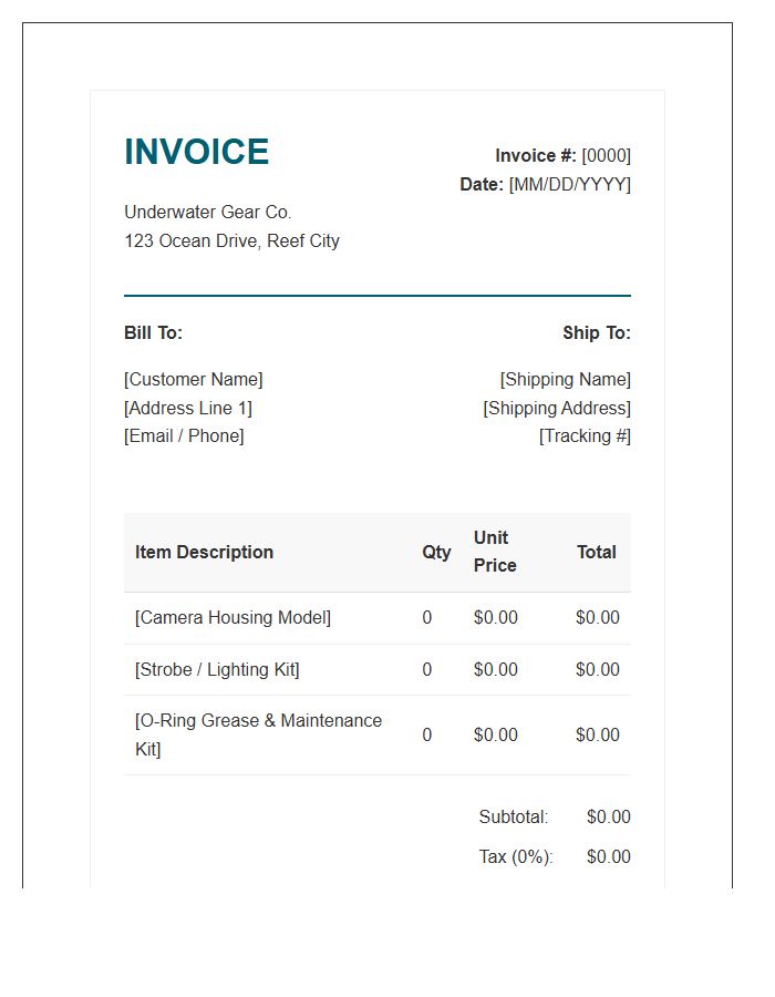 Underwater Photography Gear Retail Invoice Template