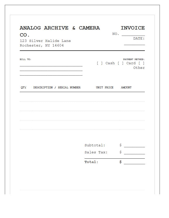 Vintage Film Camera Retail Invoice Template
